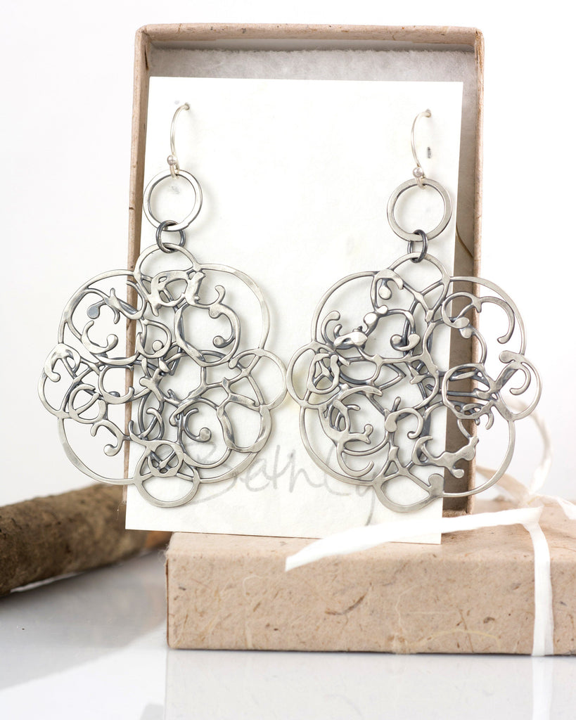 Tiny Circle and Organic Vine Earrings in Sterling Silver #26 - Light Patina - Ready to Ship - Beth Cyr Handmade Jewelry