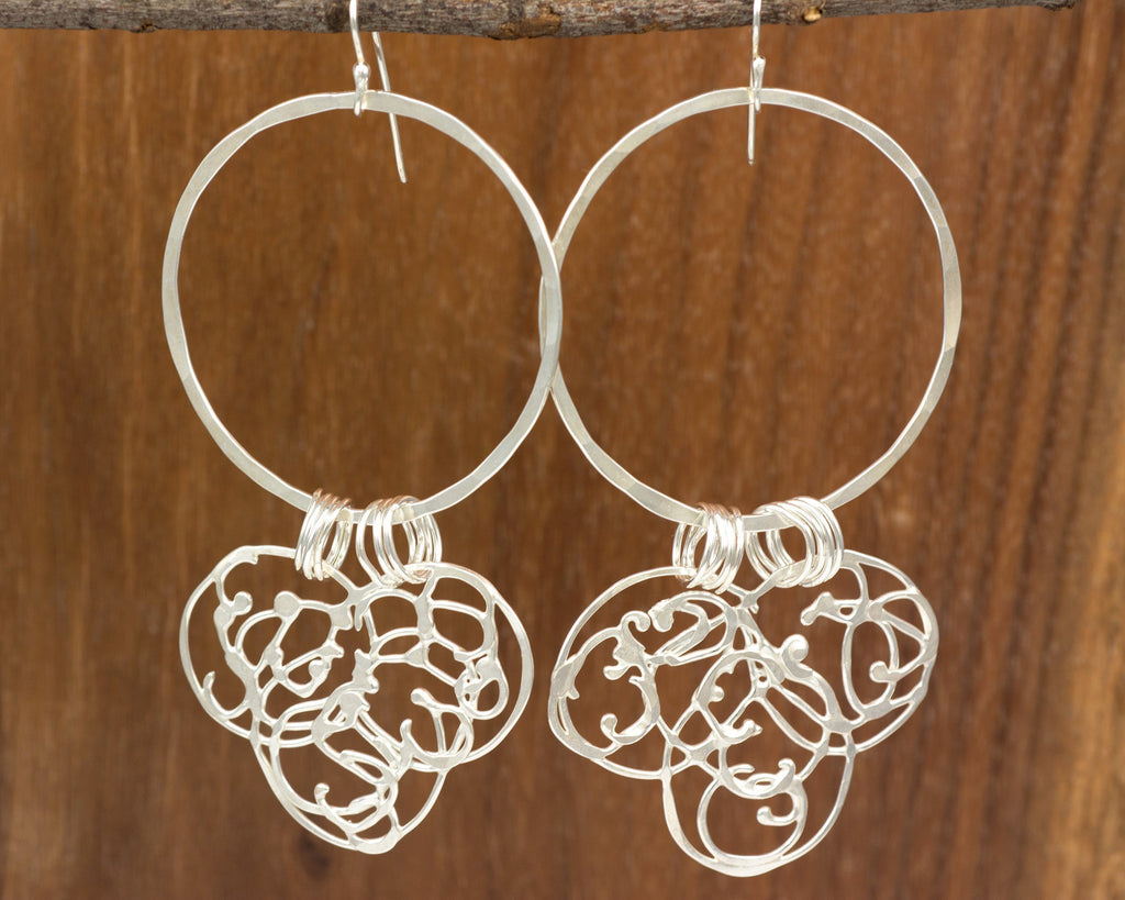 Large Circle and Organic Vine Earrings in Sterling Silver #23 - Ready to Ship - Beth Cyr Handmade Jewelry