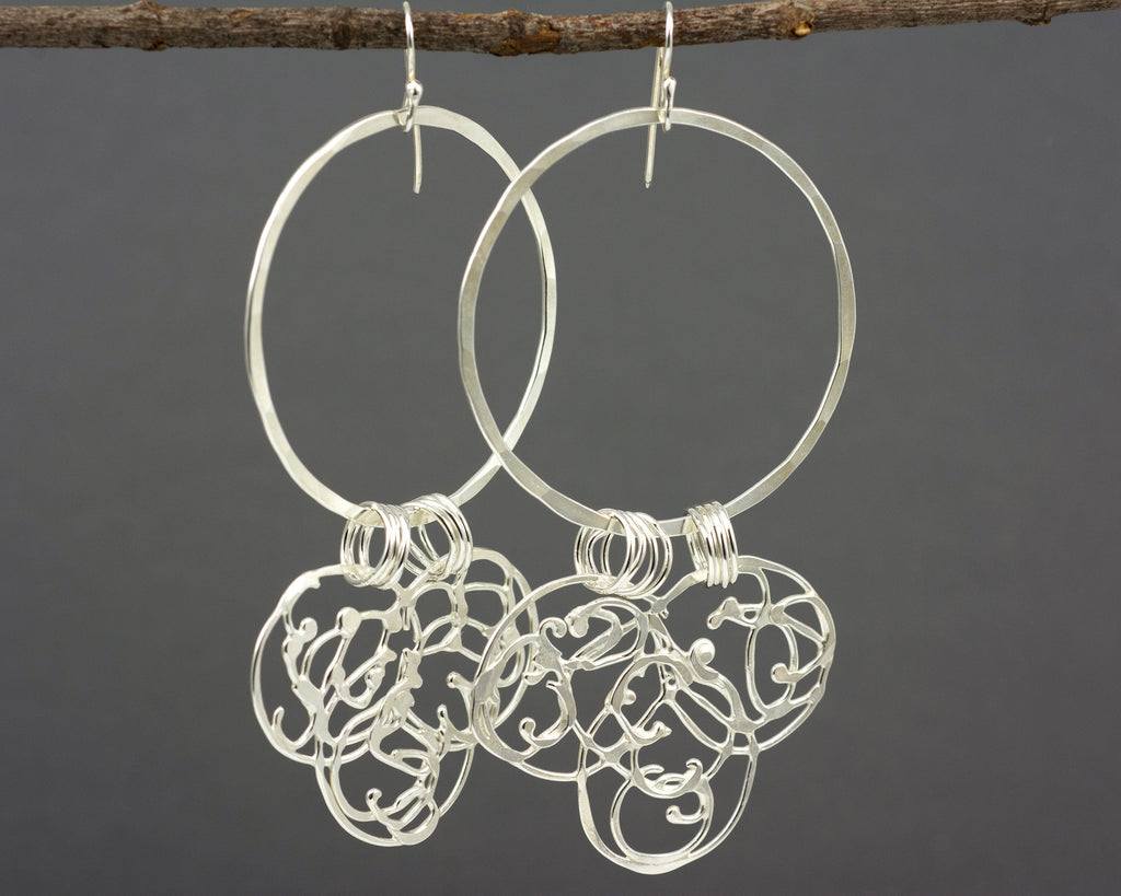 Large Circle and Organic Vine Earrings in Sterling Silver #23 - Ready to Ship - Beth Cyr Handmade Jewelry
