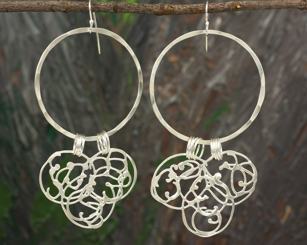 Large Circle and Organic Vine Earrings in Sterling Silver #23 - Ready to Ship - Beth Cyr Handmade Jewelry