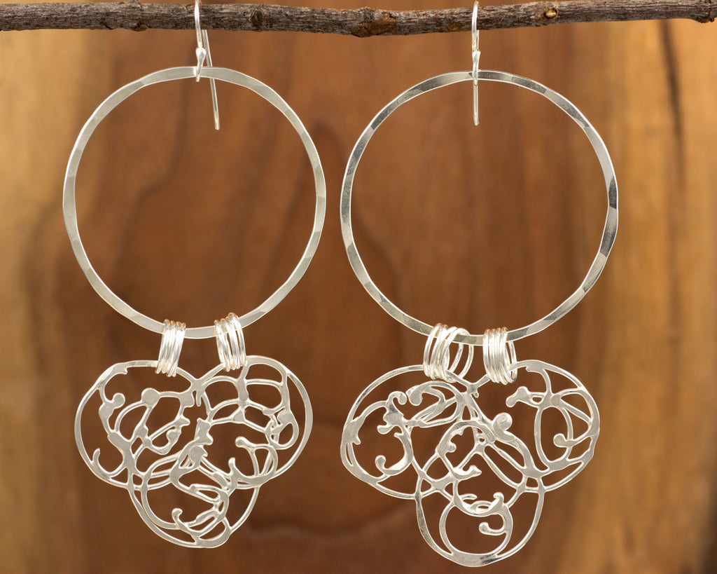 Large Circle and Organic Vine Earrings in Sterling Silver #23 - Ready to Ship - Beth Cyr Handmade Jewelry