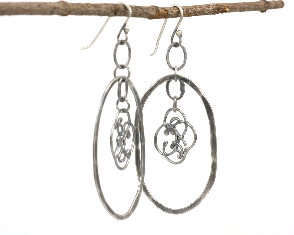 Large Oval and Organic Vine Earrings in Sterling Silver #21 - Ready to Ship - Beth Cyr Handmade Jewelry