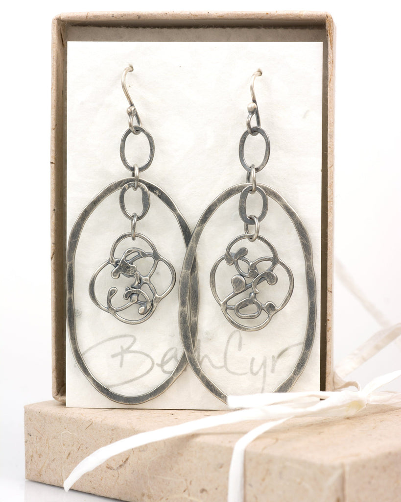 Large Oval and Organic Vine Earrings in Sterling Silver #21 - Ready to Ship - Beth Cyr Handmade Jewelry