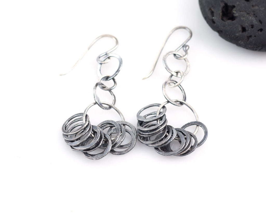Circle Cluster Earrings in Sterling Silver and Fine Silver with Dark Patina #14 - Ready to Ship - Beth Cyr Handmade Jewelry