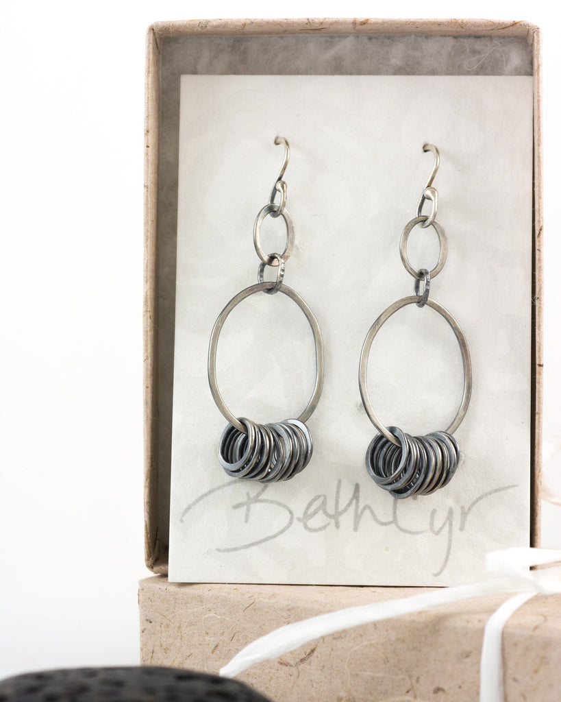 Double Oval and Circle Cluster Earrings in Sterling Silver with Dark Patina #15 - Ready to Ship - Beth Cyr Handmade Jewelry