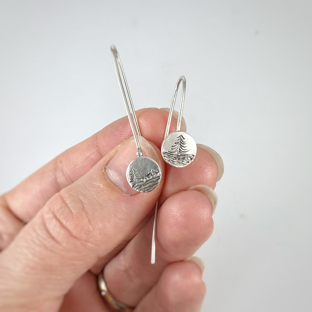 Landscape Earrings - Mountain, Tree and Sea Sterling Silver Drop Dangle Earrings - Ready to Ship