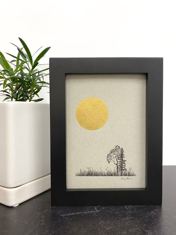 Giant Moon and Madrone and Fir in a field- Grey and Gold Collection #28 - Original drawing - 5"x7"