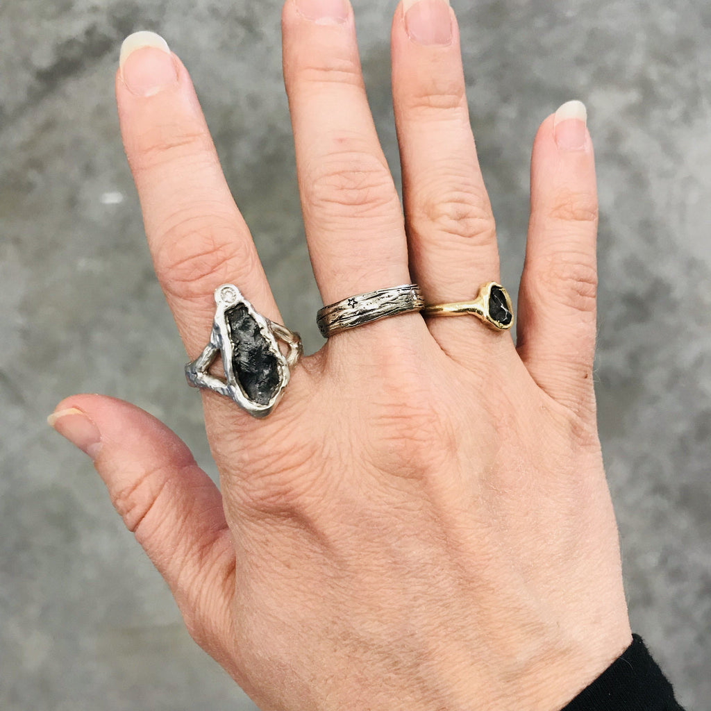 Meteorite Ring with Moissanite in Palladium Sterling Silver - size 7.25 - Ready to Ship - Beth Cyr Handmade Jewelry