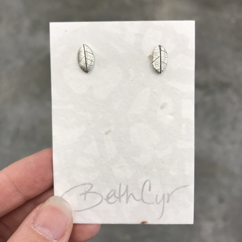 Leaf Imprint Post Earrings in Sterling Silver - Ready to Ship - Beth Cyr Handmade Jewelry