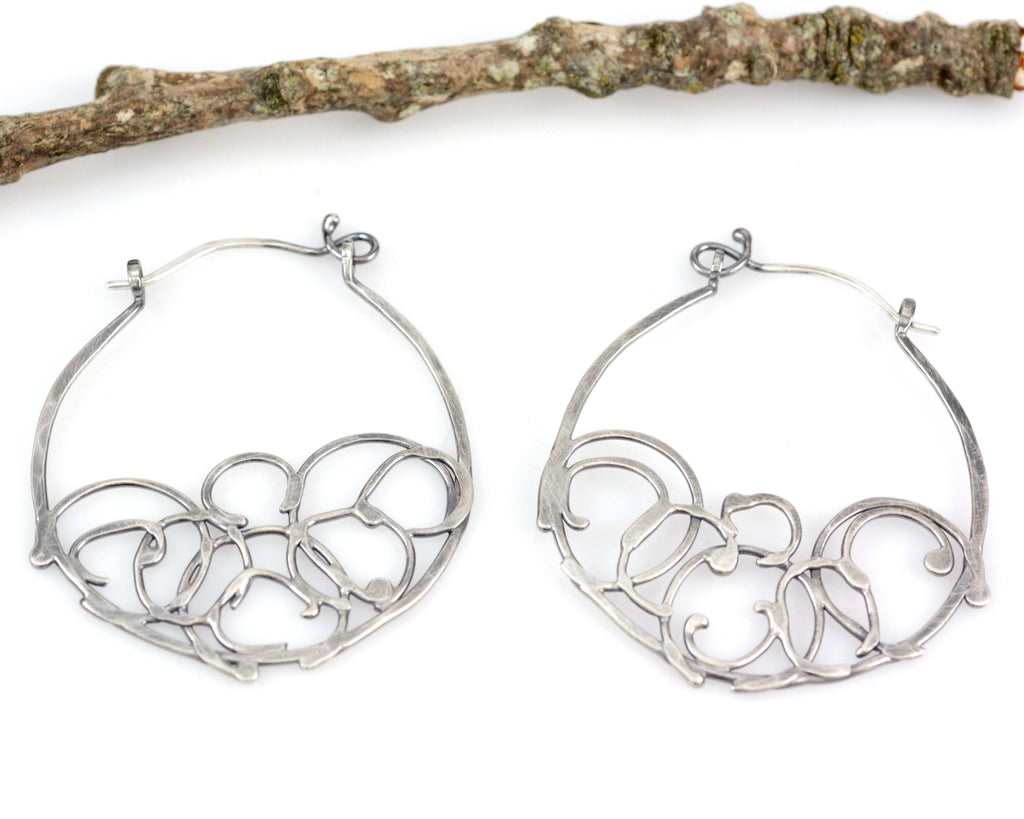 Medium Organic Vine Hoops and Circle Earrings in Sterling Silver - Made to Order - Beth Cyr Handmade Jewelry