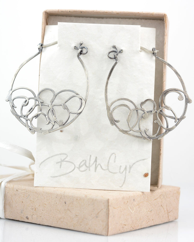 Medium Organic Vine Hoops and Circle Earrings in Sterling Silver - Made to Order - Beth Cyr Handmade Jewelry