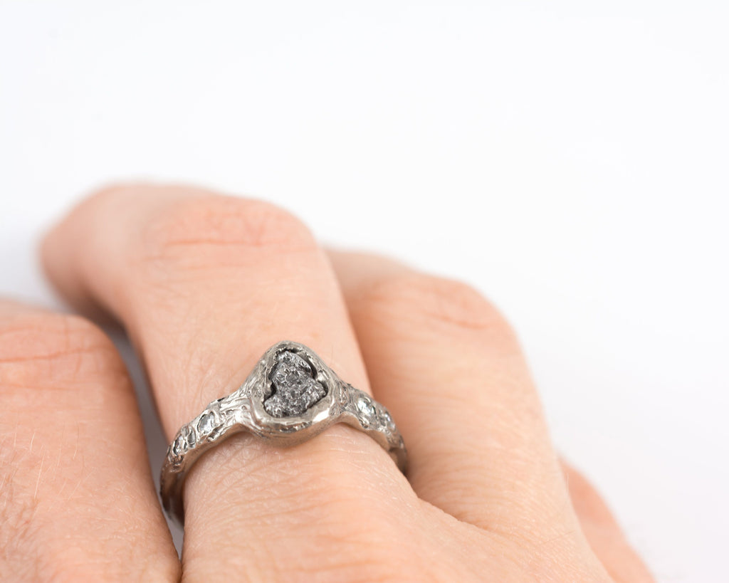 Meteorite Engagement Ring with Moissanite in Palladium/Silver with Tree Bark Texture - size 7 - Beth Cyr Handmade Jewelry