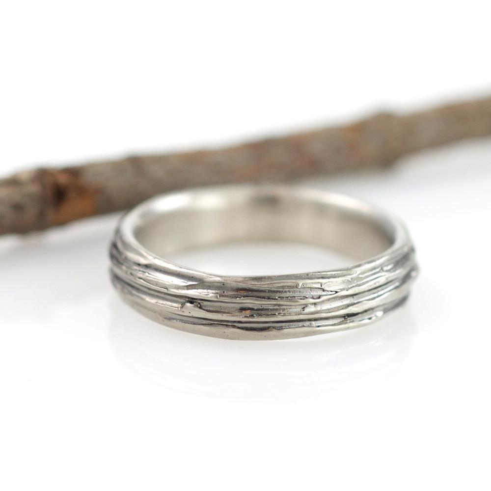 Custom Tree Bark Wedding Rings in Palladium/Silver and Meteorite and Tree Bark Ring - Made to Order - Beth Cyr Handmade Jewelry