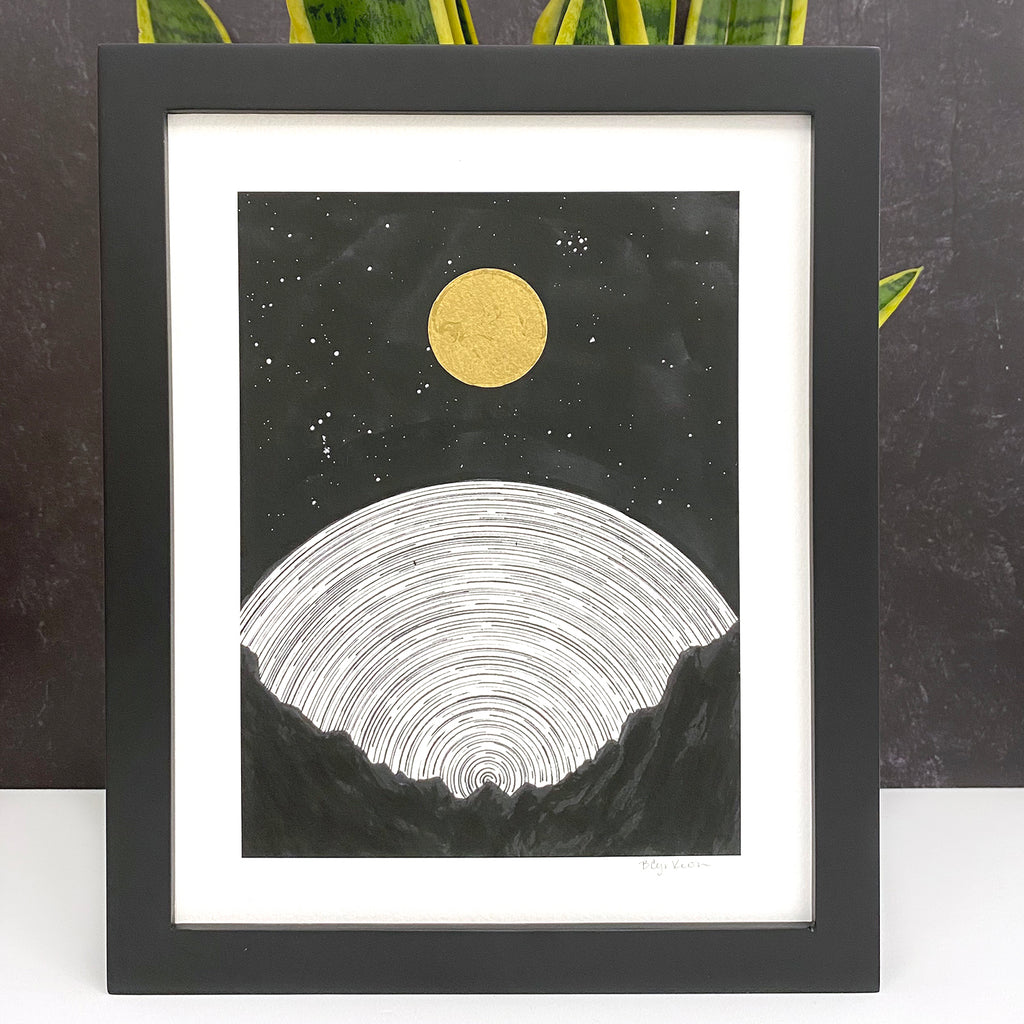 Rising Moon over the Mountains with Star Trails -  Hand Embellished Print - Print to Order