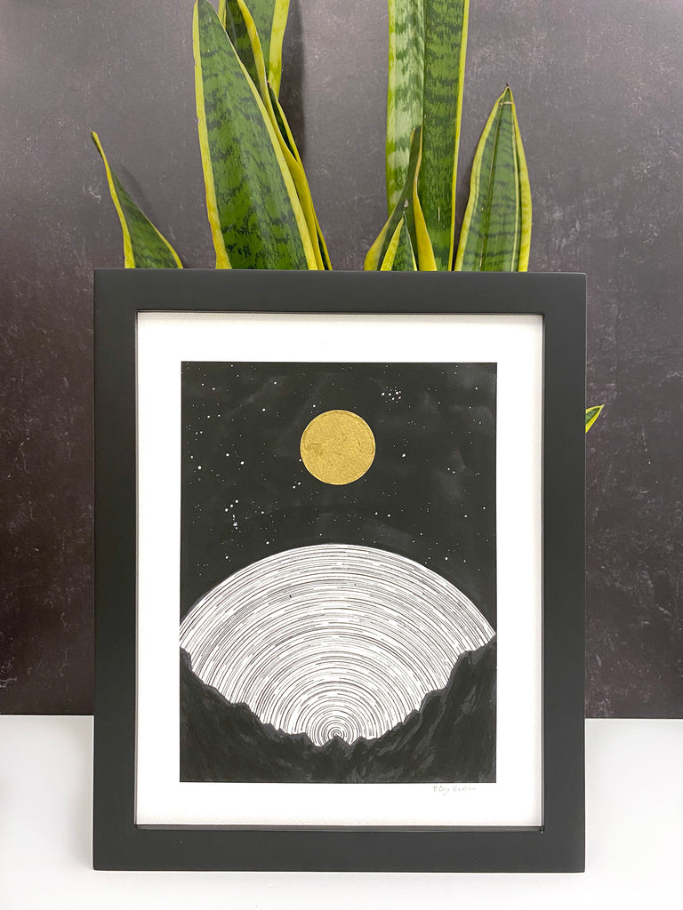 Rising Moon over the Mountains with Star Trails -  Hand Embellished Print - Print to Order