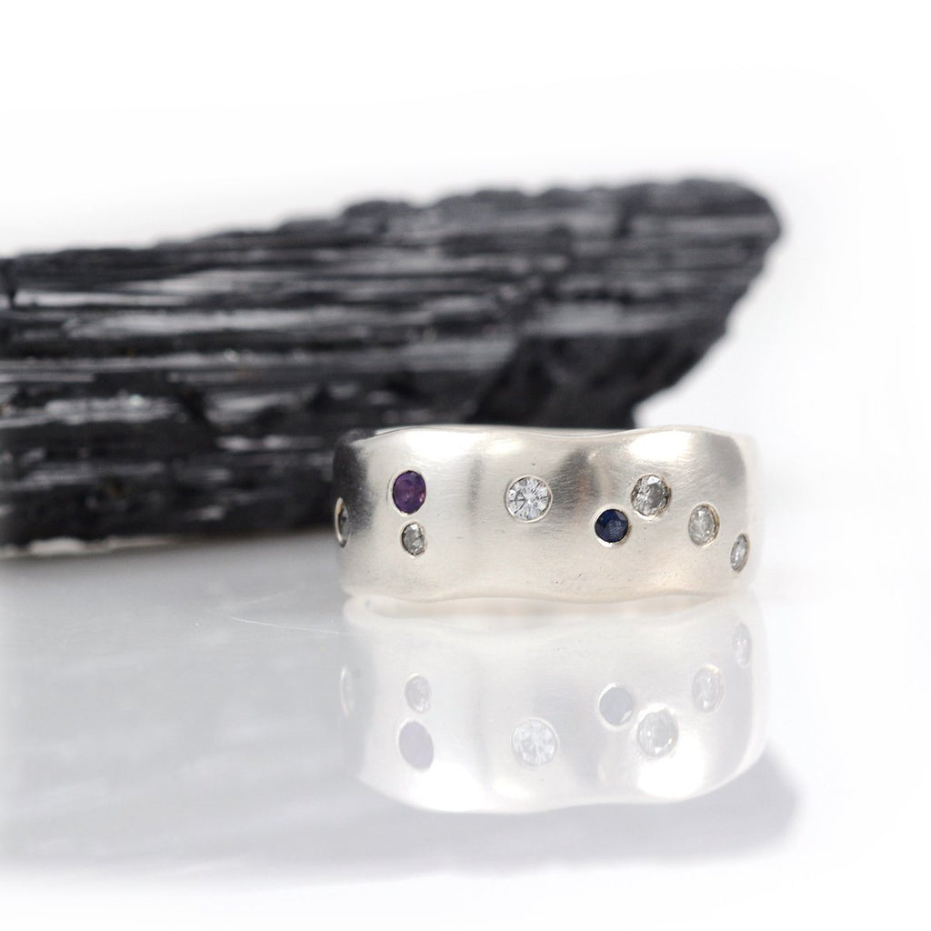 Simplicity Ring with Scattered Diamonds, Sapphire and Amethyst - size 6 - Ready to Ship - Beth Cyr Handmade Jewelry