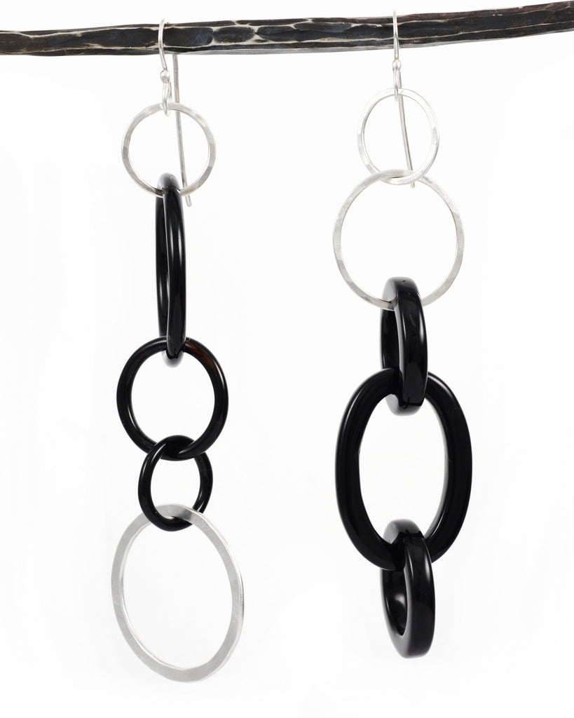 Black Agate and Sterling Silver Circle Earrings - Ready to Ship - Beth Cyr Handmade Jewelry