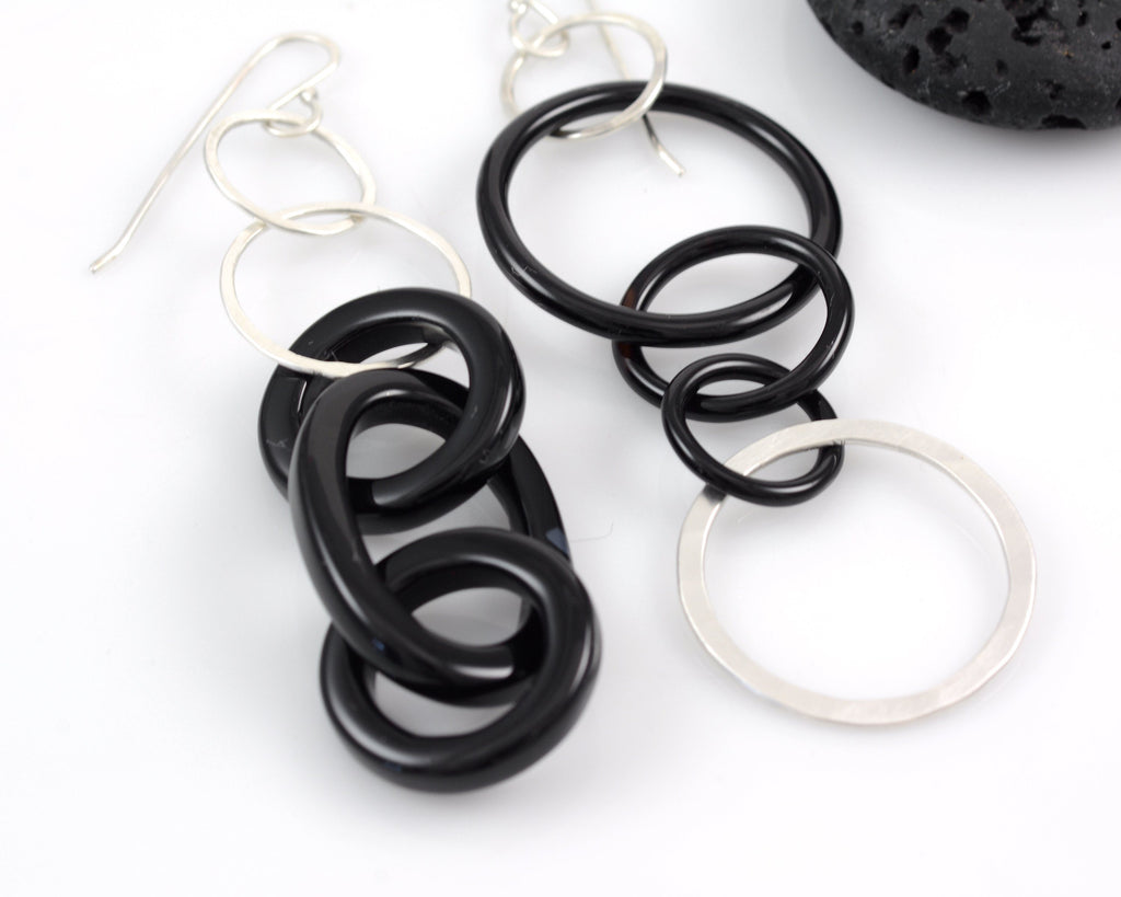 Black Agate and Sterling Silver Circle Earrings - Ready to Ship - Beth Cyr Handmade Jewelry