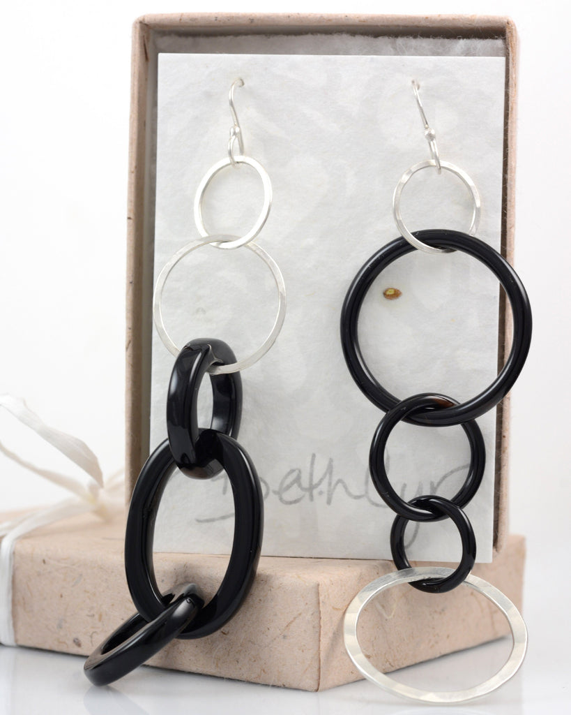 Black Agate and Sterling Silver Circle Earrings - Ready to Ship - Beth Cyr Handmade Jewelry