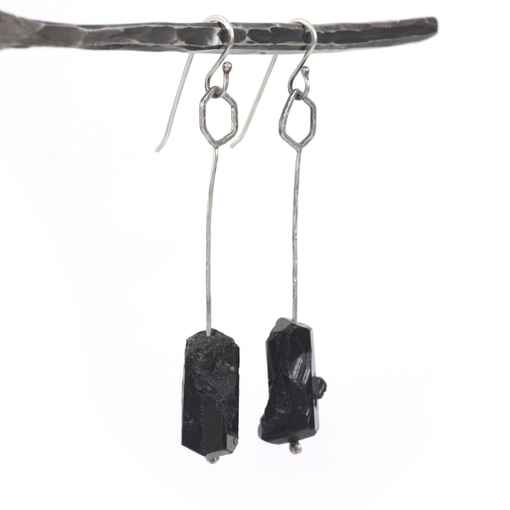 Rough Black Tourmaline Drops - Sterling Silver Earrings - Ready to Ship - Beth Cyr Handmade Jewelry