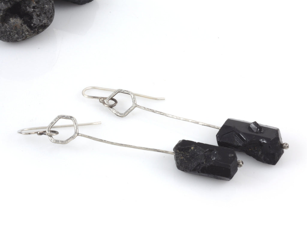 Rough Black Tourmaline Drops - Sterling Silver Earrings - Ready to Ship - Beth Cyr Handmade Jewelry
