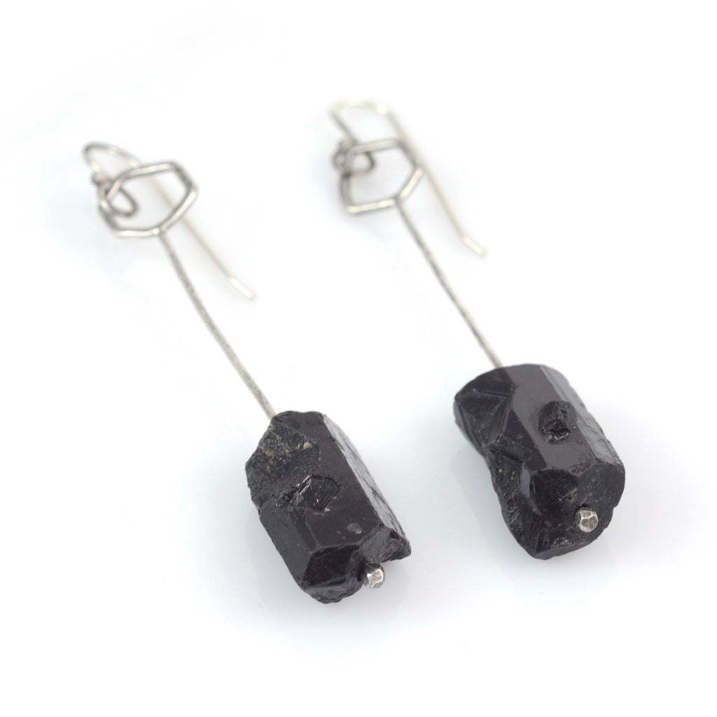 Rough Black Tourmaline Drops - Sterling Silver Earrings - Ready to Ship - Beth Cyr Handmade Jewelry