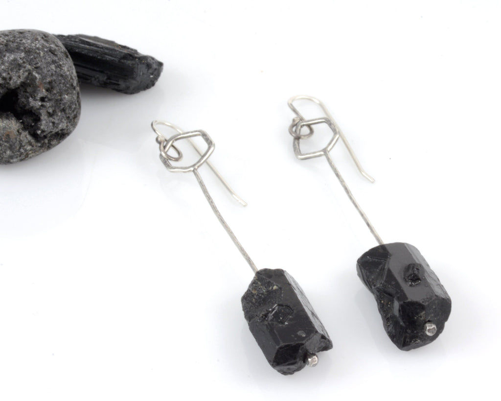 Rough Black Tourmaline Drops - Sterling Silver Earrings - Ready to Ship - Beth Cyr Handmade Jewelry