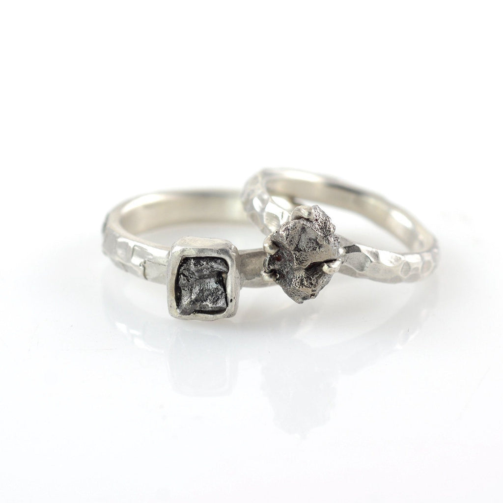 Meteorite Ring with Geometric Carved Band in Palladium Sterling Silver - size 7 1/4 - Ready to Ship - Beth Cyr Handmade Jewelry