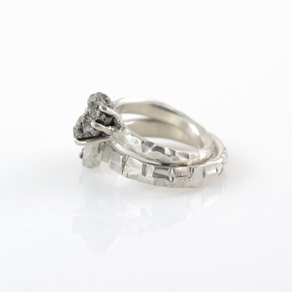 Meteorite Ring with Geometric Carved Band in Palladium Sterling Silver - size 7 1/4 - Ready to Ship - Beth Cyr Handmade Jewelry