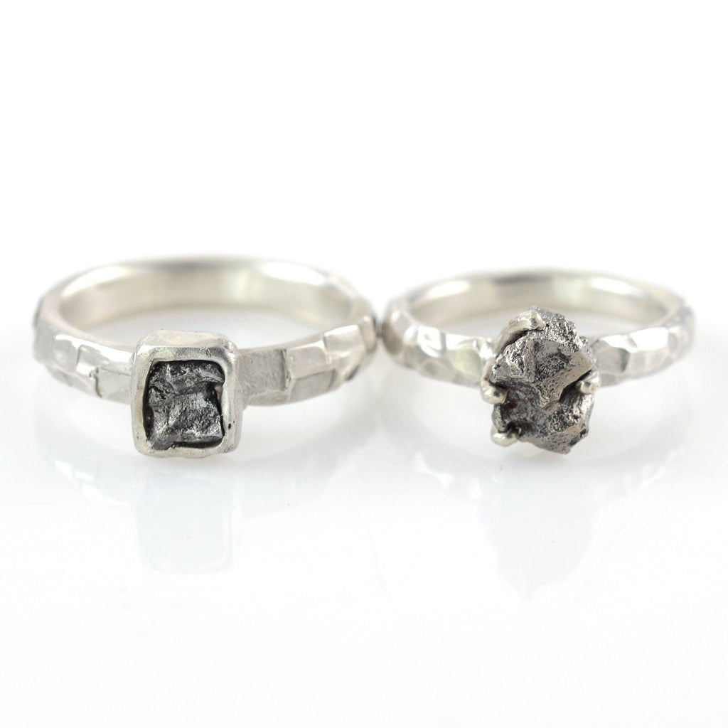 Meteorite Ring with Geometric Carved Band in Palladium Sterling Silver - size 7 1/4 - Ready to Ship - Beth Cyr Handmade Jewelry