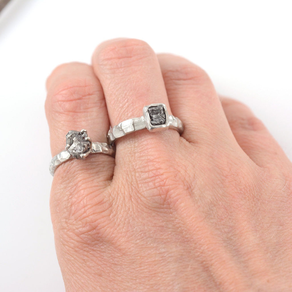Meteorite Ring with Geometric Carved Band in Palladium Sterling Silver - size 7 1/4 - Ready to Ship - Beth Cyr Handmade Jewelry