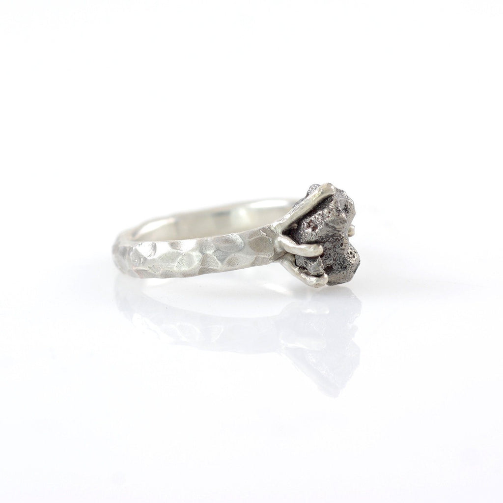 Meteorite Ring with Carved Band and Prong Setting in Palladium Sterling Silver - size 5 - Ready to Ship - Beth Cyr Handmade Jewelry