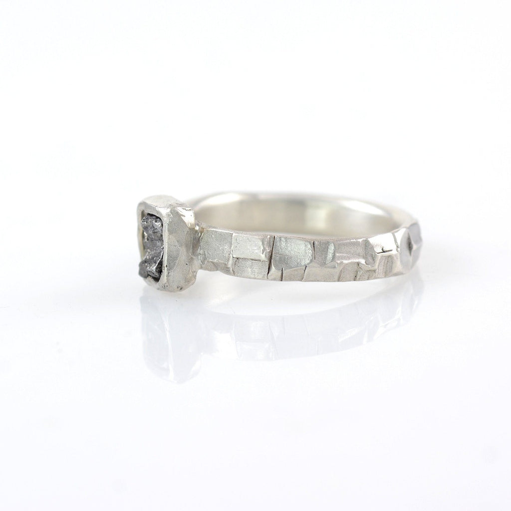 Meteorite Ring with Geometric Carved Band in Palladium Sterling Silver - size 7 1/4 - Ready to Ship - Beth Cyr Handmade Jewelry