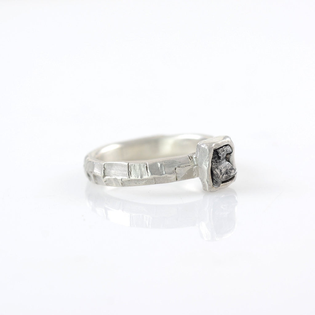 Meteorite Ring with Geometric Carved Band in Palladium Sterling Silver - size 7 1/4 - Ready to Ship - Beth Cyr Handmade Jewelry