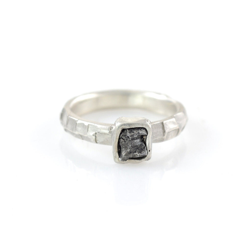 Meteorite Ring with Geometric Carved Band in Palladium Sterling Silver - size 7 1/4 - Ready to Ship - Beth Cyr Handmade Jewelry