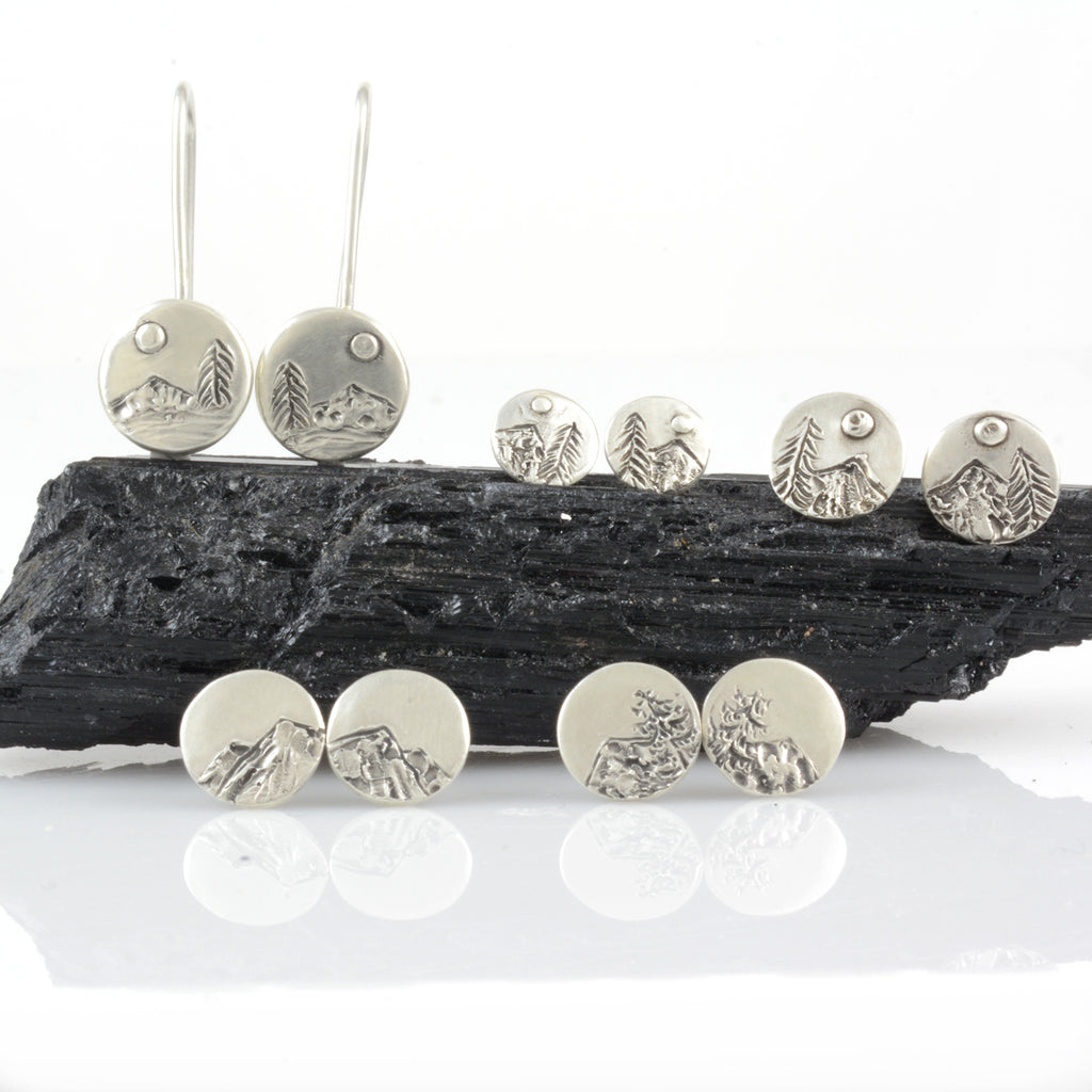 Landscape Earrings - Tiny Tree, Moon and Mountain Sterling Silver Post Earrings - Ready to Ship