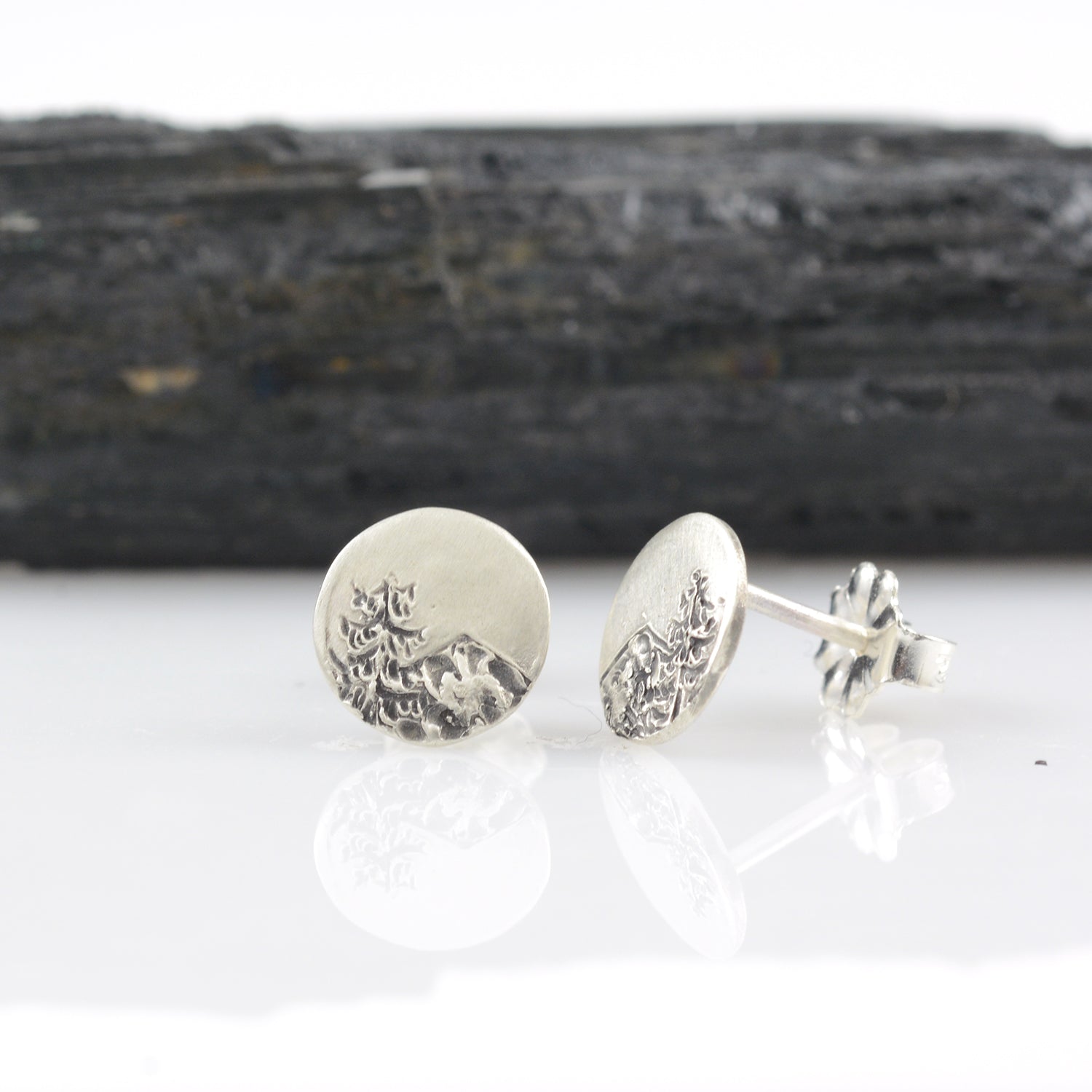 Landscape Earrings - Fir Tree and Mountain Sterling Silver Post Earrings - Ready to Ship