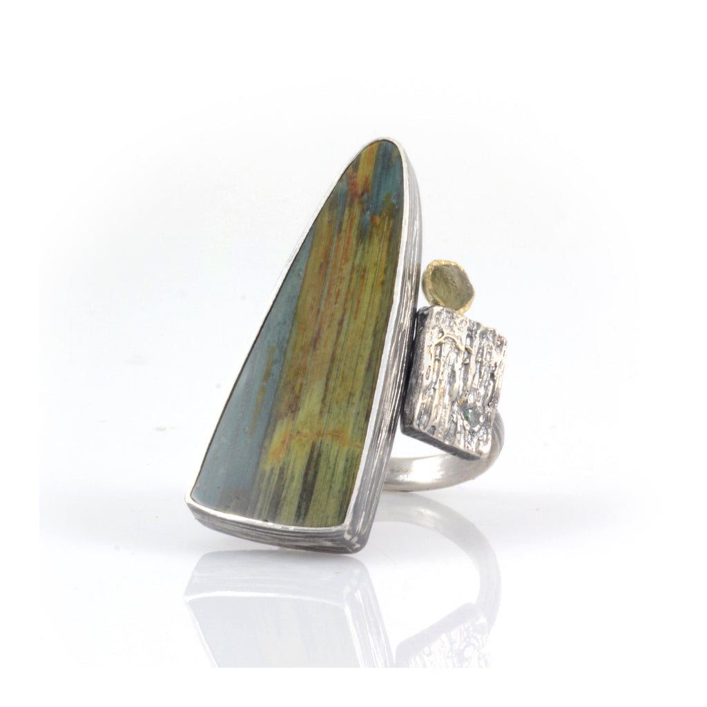 Gary Green Jasper/Petrified Bog Wood, Rough Sapphire, Diamond in Sterling Silver - size 6 - Ready to Ship - Beth Cyr Handmade Jewelry