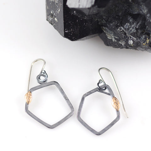 Gold Leaves Geometric Sterling Silver and 14k Gold Dangle Earrings - Ready to Ship