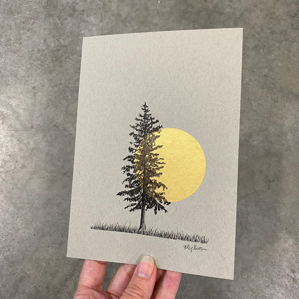 Super Moon and Solo Tree in Field - Grey and Gold Collection #26 - Original drawing - 5"x7"