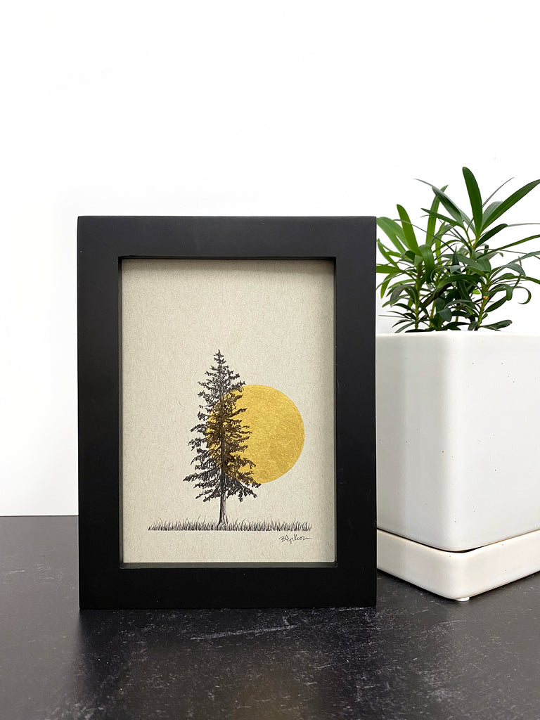 Super Moon and Solo Tree in Field - Grey and Gold Collection #26 - Original drawing - 5"x7"