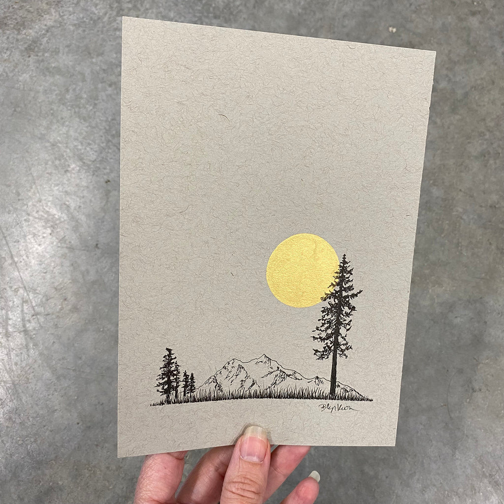 Cascades, Moon and Tree - Grey and Gold Collection #27 - Original drawing - 5"x7"