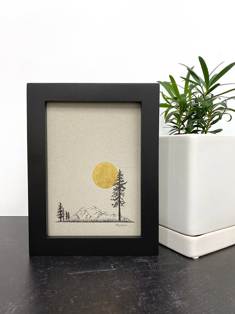 Cascades, Moon and Tree - Grey and Gold Collection #27 - Original drawing - 5"x7"