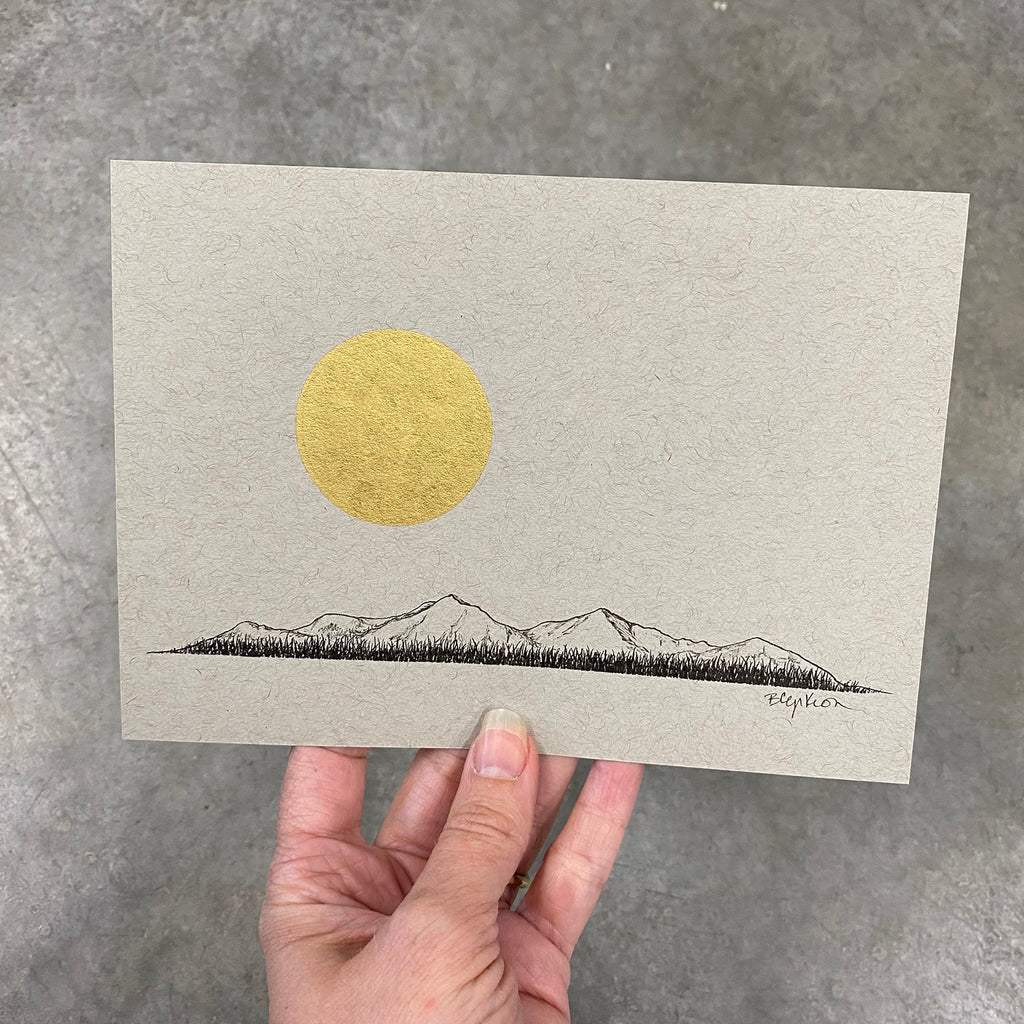 Peaceful mountains and full moon - Grey and Gold Collection #29 - Original drawing - 5"x7"