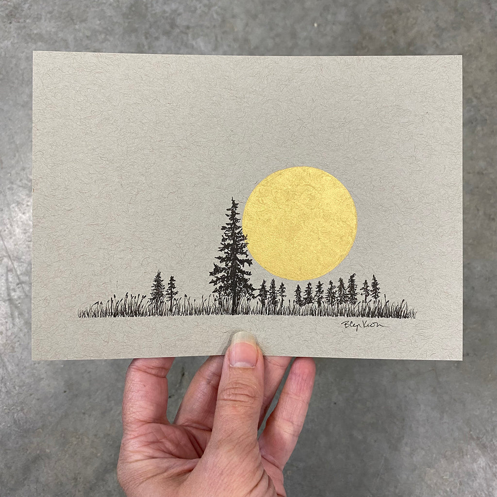 Distant tree family and giant moon - Grey and Gold Collection #30 - Original drawing - 5"x7"