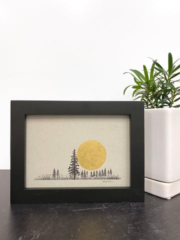 Distant tree family and giant moon - Grey and Gold Collection #30 - Original drawing - 5"x7"