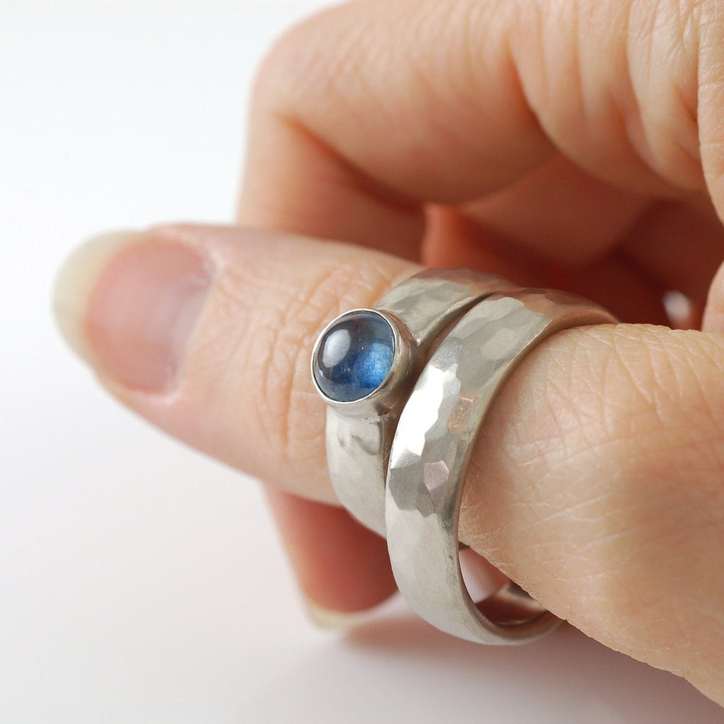 Custom Order Palladium/Silver Hammered Ring with Sapphire - Beth Cyr Handmade Jewelry