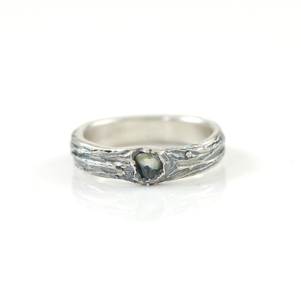Tree Bark Ring with Rough Montana Sapphire in Palladium Sterling Silver - size 7 - Ready to Ship - Beth Cyr Handmade Jewelry