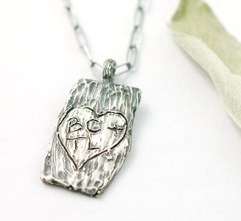 Tree Bark of Love Pendant - Carved Initials in Palladium/Silver - Special Custom Order - Beth Cyr Handmade Jewelry