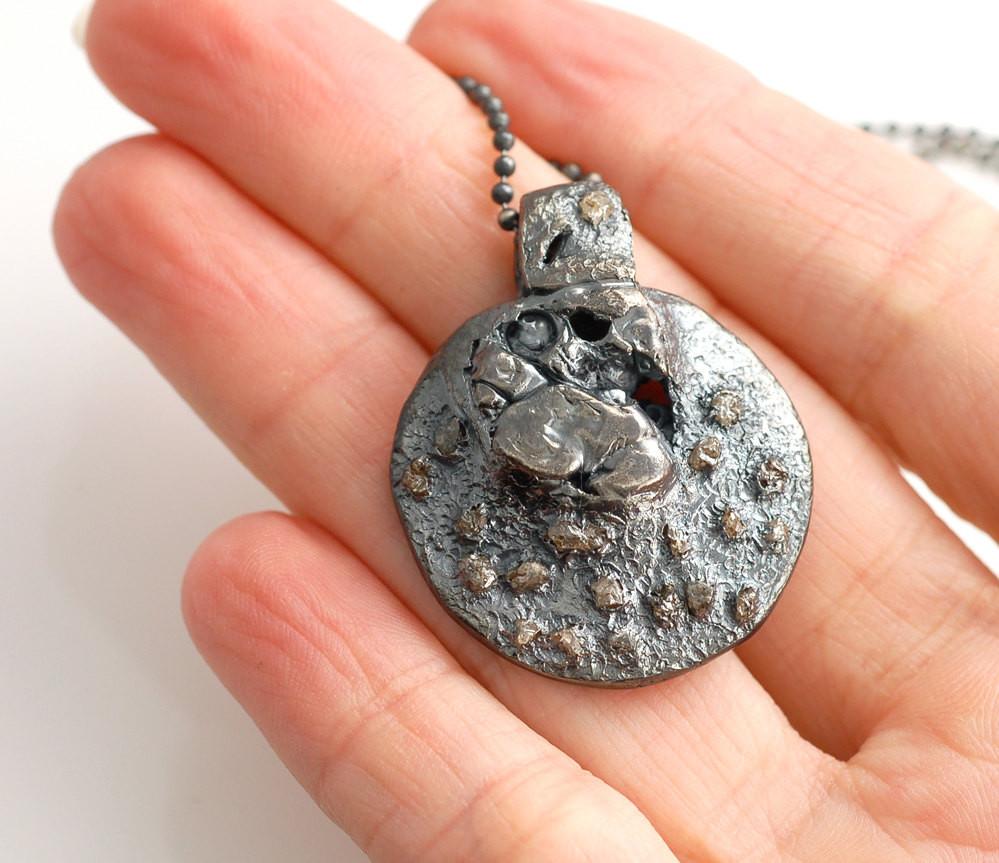 Lunar Landscape Pendant in Sterling Silver with Rough Diamonds - Ready to Ship - Beth Cyr Handmade Jewelry